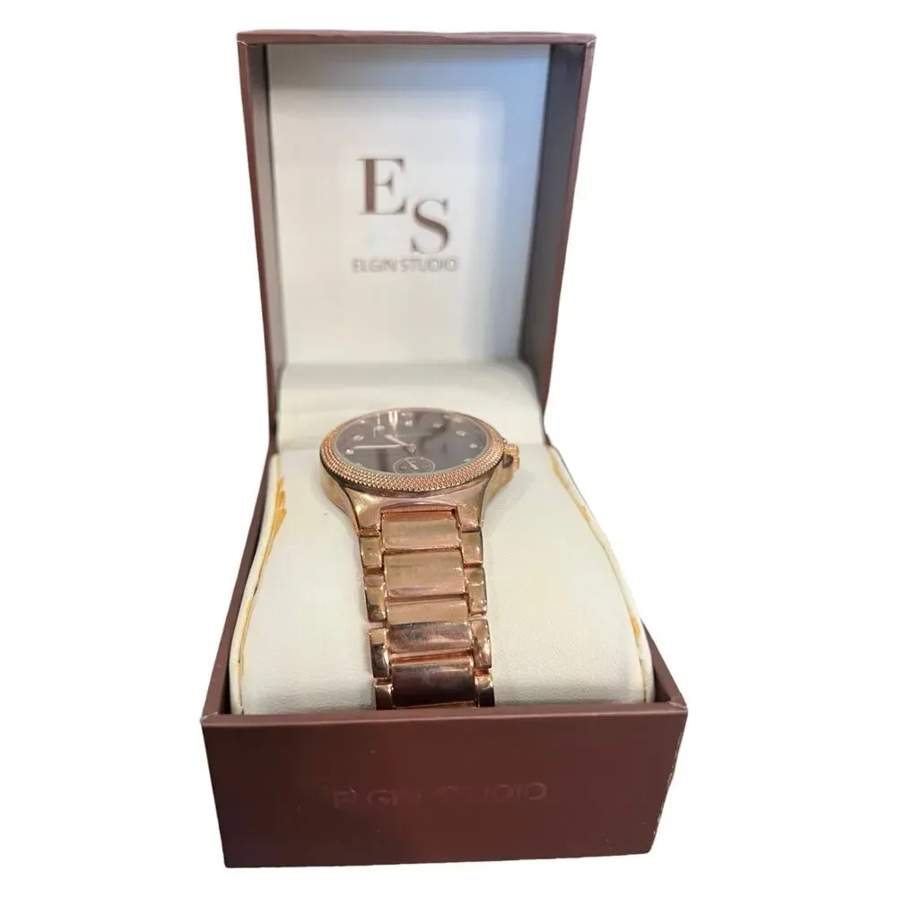 Elgin Studio Rose Gold Fold Over Clasp Analog Swarovski Crystal Watch NEW in Box